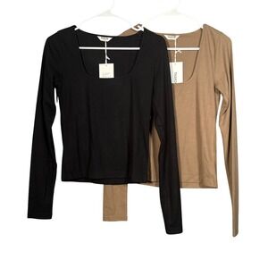 Thakoon Ribbed Square Neck Top Bundle of Two MK Mink BK Black Long Sleeve